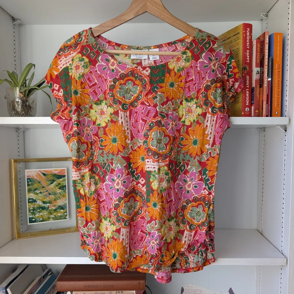 Nicole Miller Women's Top Linen Floral Short Sleeve Pink Orange Size Large Boho - Picture 2 of 7